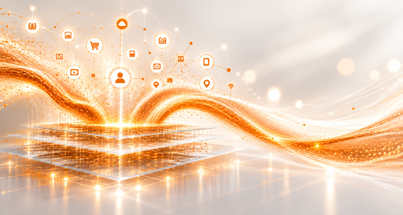 Orange streams of customer data connecting digital services above layered glass foundations
